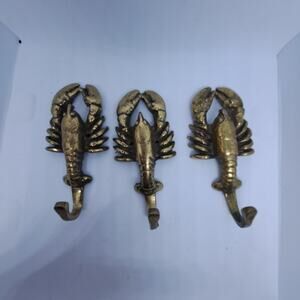 Set Of 3 Brass Lobster Key or Potholder Hat Hook Kitchen Vtg Decor 4.5" x 2"